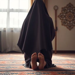 A serene indoor scene of a Muslim woman performing namaz (prayer) in the sujud position