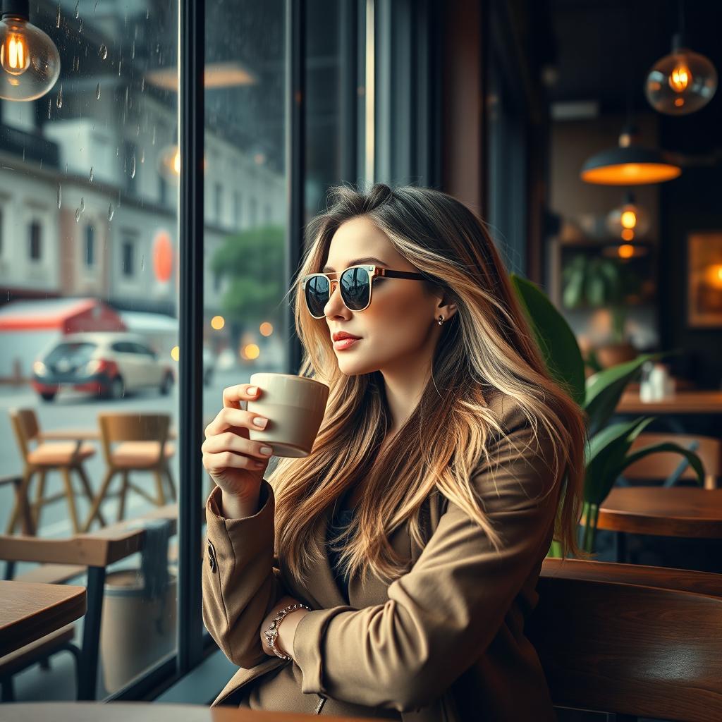 A beautiful portrait of a confident, stylish woman sitting at a chic coffee shop, wearing trendy sunglasses and a fashionable outfit