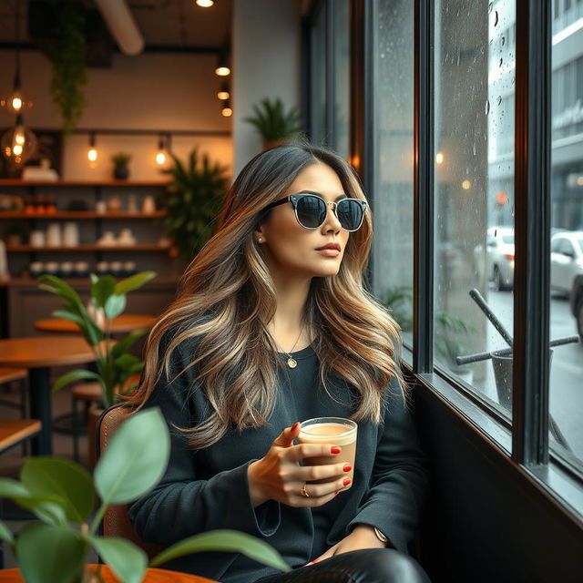 A beautiful portrait of a confident, stylish woman sitting at a chic coffee shop, wearing trendy sunglasses and a fashionable outfit