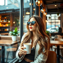 A beautiful portrait of a confident, stylish woman sitting at a chic coffee shop, wearing trendy sunglasses and a fashionable outfit