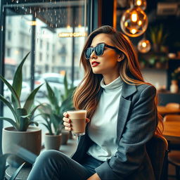 A beautiful portrait of a confident, stylish woman sitting at a chic coffee shop, wearing trendy sunglasses and a fashionable outfit