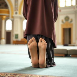 A serene scene depicting a Muslim woman engaged in prayer (namaz) in the sujud position