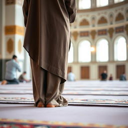 A serene scene depicting a Muslim woman engaged in prayer (namaz) in the sujud position