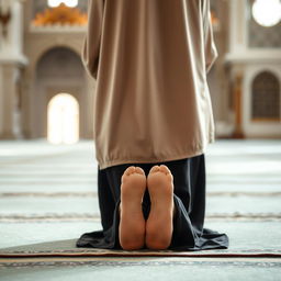 A serene scene depicting a Muslim woman engaged in prayer (namaz) in the sujud position