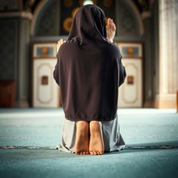 A serene scene depicting a Muslim woman engaged in prayer (namaz) in the sujud position