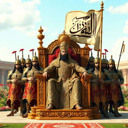 A majestic Persian king sitting proudly on an ornate throne, adorned in lavish traditional robes with intricate patterns, sparkling jewels, and a grand crown