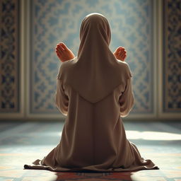 A Muslim woman performing namaz (prayer) in a sujud position, viewed from the backside