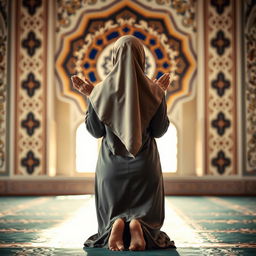 A Muslim woman performing namaz (prayer) in a sujud position, viewed from the backside