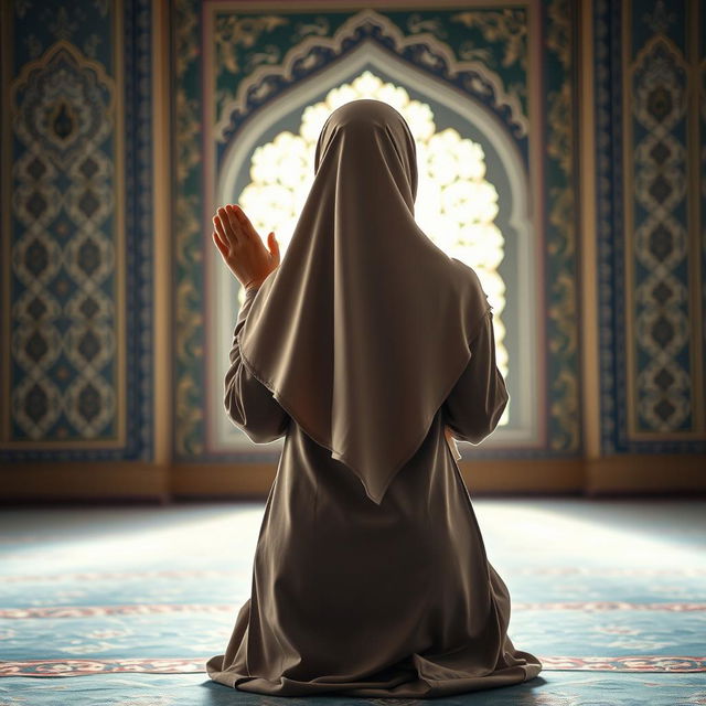 A Muslim woman performing namaz (prayer) in a sujud position, viewed from the backside