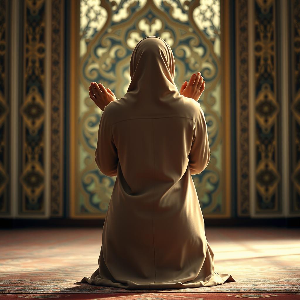 A Muslim woman performing namaz (prayer) in a sujud position, viewed from the backside