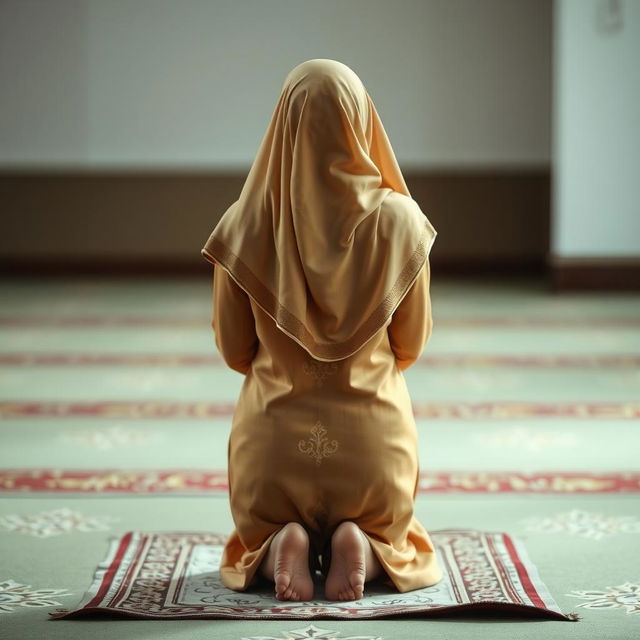 A Muslim woman in traditional attire, performing namaz (prayer) in the sujud position