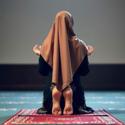 A Muslim woman in traditional attire, performing namaz (prayer) in the sujud position