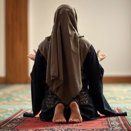 A Muslim woman in traditional attire, performing namaz (prayer) in the sujud position