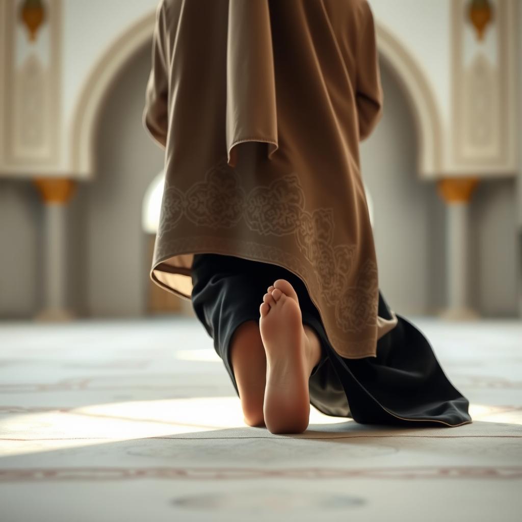 A serene and respectful depiction of a Muslim woman performing namaz (prayer) in the sujud (prostration) position