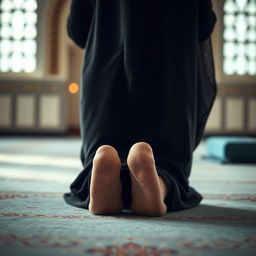 A serene and respectful depiction of a Muslim woman performing namaz (prayer) in the sujud (prostration) position