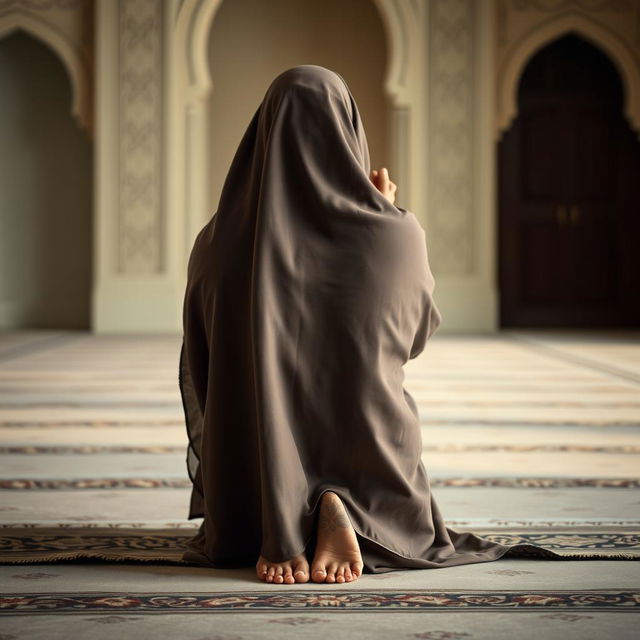 A serene and respectful depiction of a Muslim woman performing namaz (prayer) in the sujud (prostration) position