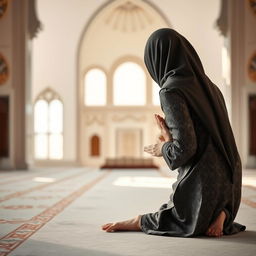 A serene and respectful depiction of a Muslim woman performing namaz (prayer) in the sujud (prostration) position