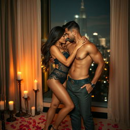 A luxurious and romantic scene featuring a sultry couple in an elegant setting