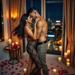 A luxurious and romantic scene featuring a sultry couple in an elegant setting