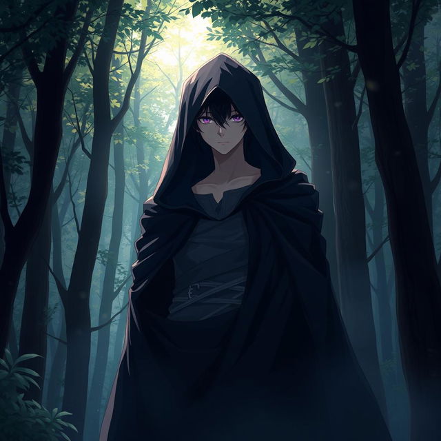 A tall femboy with striking black hair and mesmerizing amethyst eyes stands prominently in a mystical forest