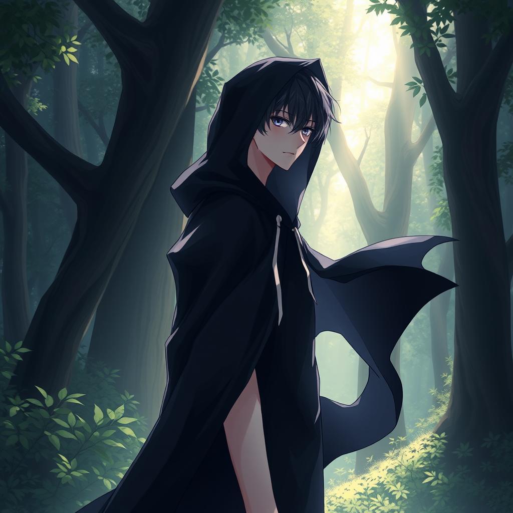 A tall femboy with striking black hair and mesmerizing amethyst eyes stands prominently in a mystical forest