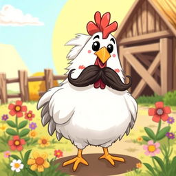 A whimsical illustration of a chicken with a mustache, standing proudly in a sunny farmyard
