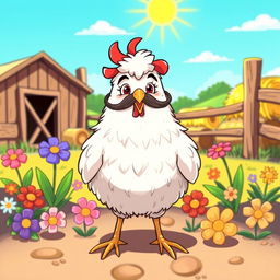 A whimsical illustration of a chicken with a mustache, standing proudly in a sunny farmyard