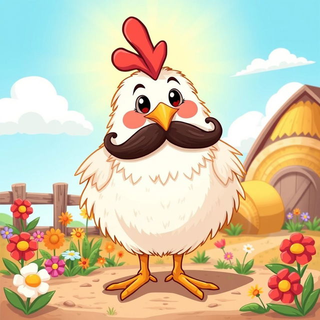 A whimsical illustration of a chicken with a mustache, standing proudly in a sunny farmyard