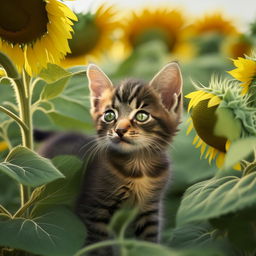 An adorable tabby kitten with piercing green eyes sheltered in a patch of sunflowers.