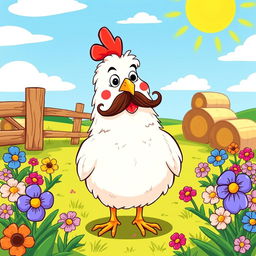 A whimsical illustration of a chicken with a mustache, standing proudly in a sunny farmyard