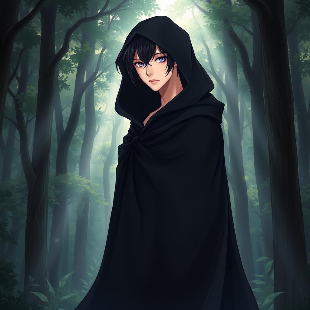 A tall, feminine femboy with sleek black hair and captivating amethyst eyes stands gracefully in an enchanting forest