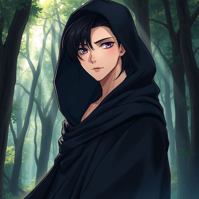 A tall, feminine femboy with sleek black hair and captivating amethyst eyes stands gracefully in an enchanting forest