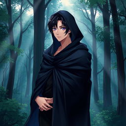 A tall, feminine femboy with sleek black hair and captivating amethyst eyes stands gracefully in an enchanting forest