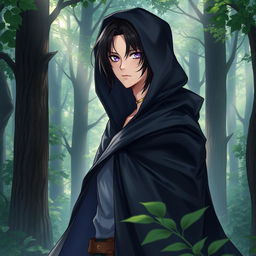 A tall, feminine femboy with sleek black hair and captivating amethyst eyes stands gracefully in an enchanting forest