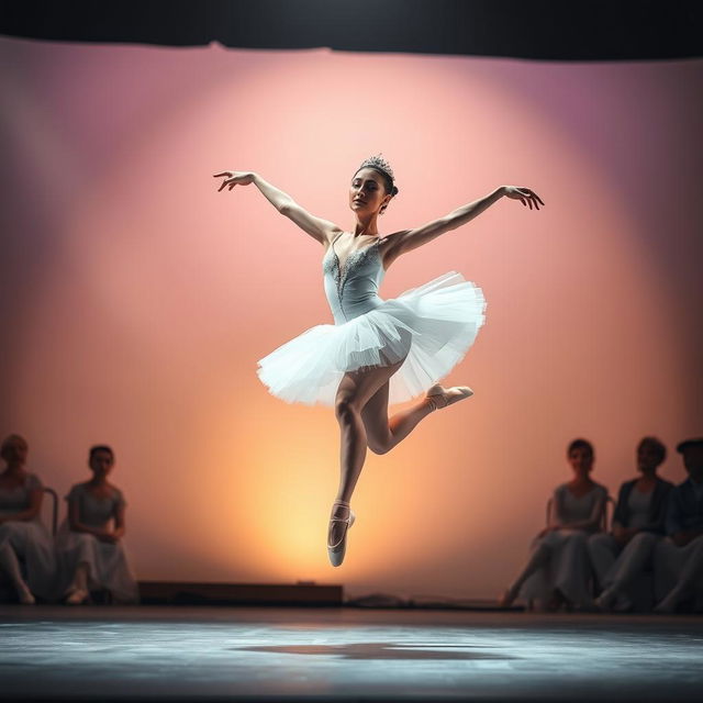 A captivating scene of a dancer performing an elegant ballet routine on a beautifully lit stage