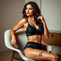 A stylish and alluring woman confidently modeling in a black bra and matching underwear, sitting on a sleek modern chair with a seductive pose