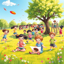 A vibrant and joyful scene depicting children engaged in various playful activities in a sunny park