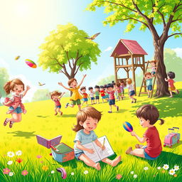 A vibrant and joyful scene depicting children engaged in various playful activities in a sunny park
