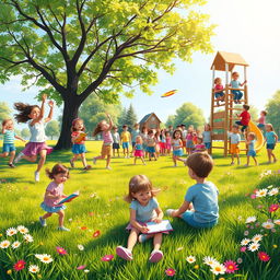 A vibrant and joyful scene depicting children engaged in various playful activities in a sunny park