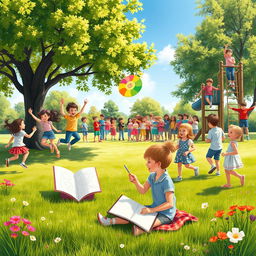 A vibrant and joyful scene depicting children engaged in various playful activities in a sunny park