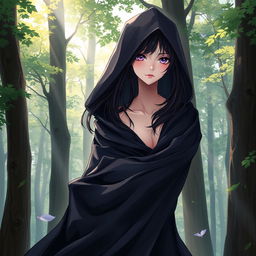 A light novel cover depicting a tall, feminine femboy character with elegant features, black hair cascading down, and captivating amethyst eyes