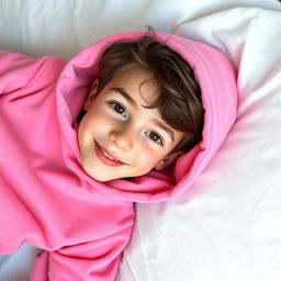 A cute 19-year-old boy with brown hair and brown eyes, wearing a pink hoodie and sweatpants, lying on a white bed and smiling at the viewer