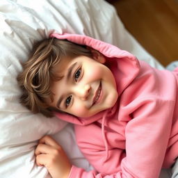 A cute 19-year-old boy with brown hair and brown eyes, wearing a pink hoodie and sweatpants, lying on a white bed and smiling at the viewer