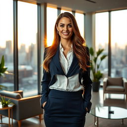A stunning high-resolution image of a beautiful and confident businesswoman standing in an elegant office