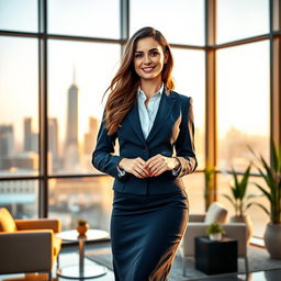 A stunning high-resolution image of a beautiful and confident businesswoman standing in an elegant office