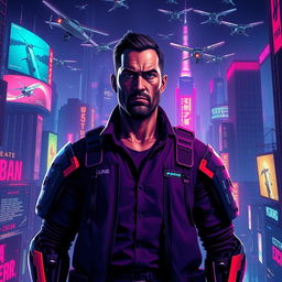 A neon-lit futuristic skyline filled with towering advertisements and surveillance drones hovering in the night sky