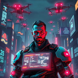 A neon-lit futuristic skyline filled with towering advertisements and surveillance drones hovering in the night sky