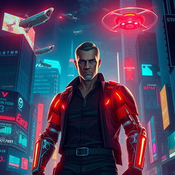 A neon-lit futuristic skyline filled with towering advertisements and surveillance drones hovering in the night sky