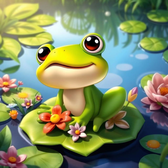 A charming side view of a cartoon frog sitting on a lily pad