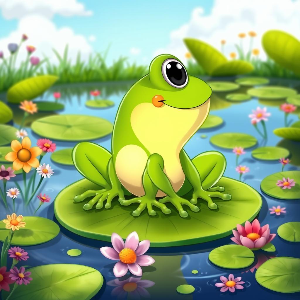 A charming side view of a cartoon frog sitting on a lily pad